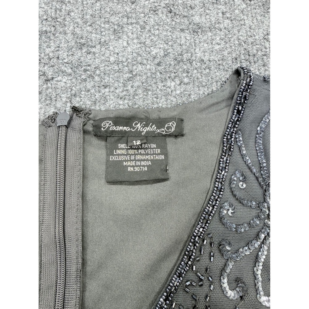 Pisarro‎ Nights Womens Size 12 Beaded Floral Mesh Dress Grey V-Neck 3/4 Sleeve - Picture 5 of 10